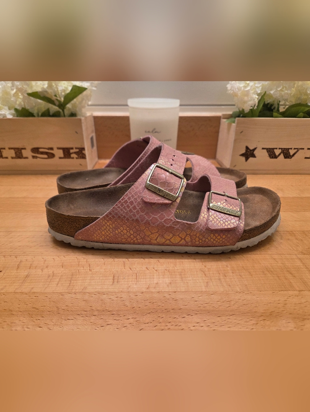 Birkenstock Arizona Sandals Shiny Snake Rose Pink Birko-Flor Women's Size 42